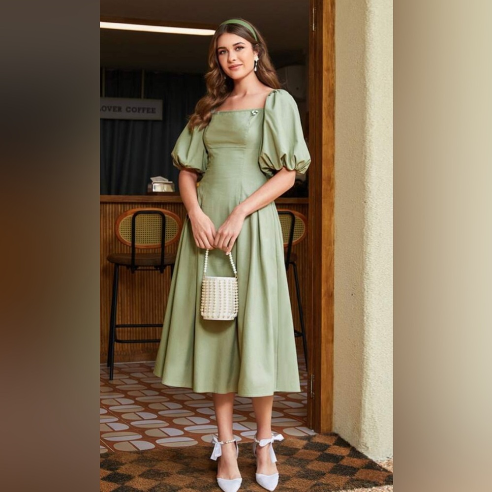 Green Puff Sleeve square neck/Flower Pleated Sundress for Weddings